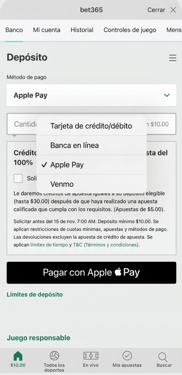 Realiza un depósito en Bet365 y prepárate para realizar una apuesta con saldo real.