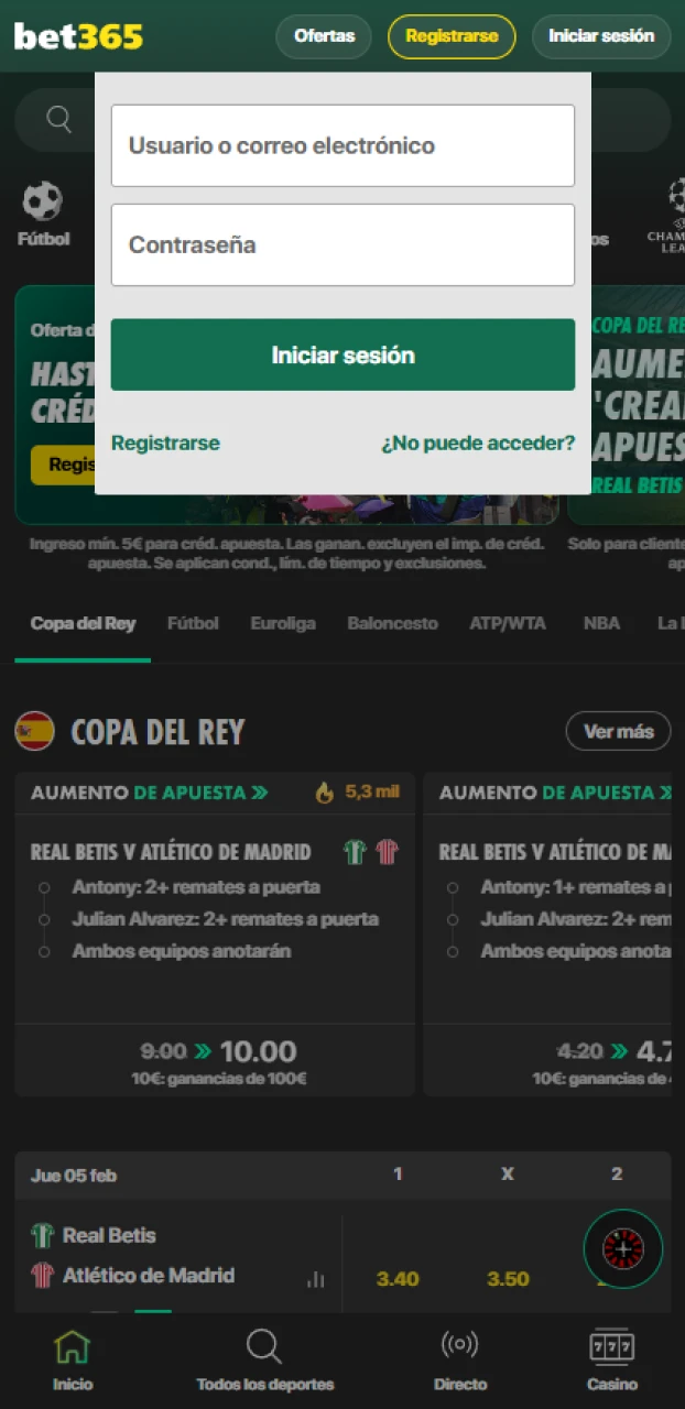Inicia sesión en Bet365 para realizar una apuesta.