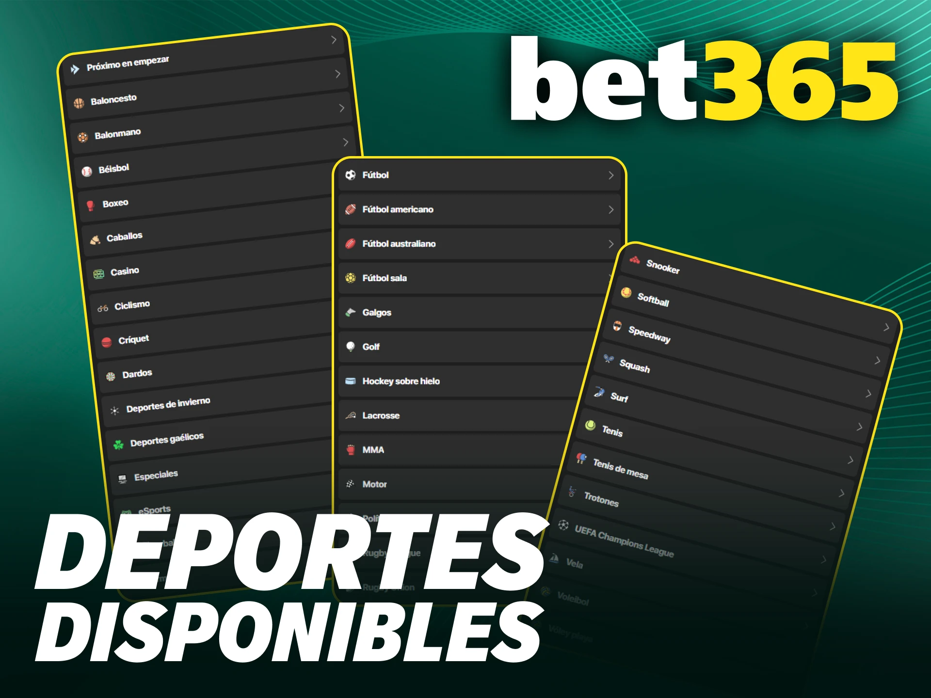 Explora la amplia variedad de Bet365 deporte dentro de la plataforma.