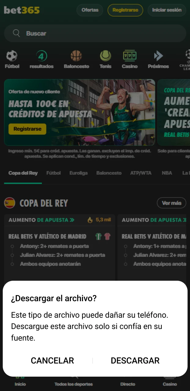 Presiona aceptar en la ventana emergente para bajar tu Bet365 Android.
