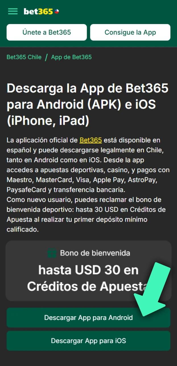 Inicia la descarga del archivo de Bet365 Android desde el sitio oficial.