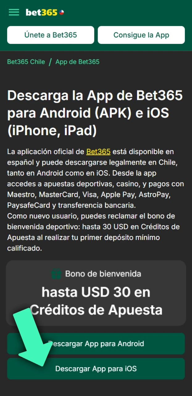 Haz clic en el enlace para bajar la aplicación de Bet365 iOS.