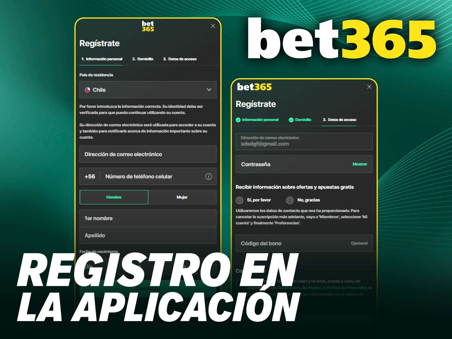 Completa el proceso de Bet365 registro directamente desde la aplicación.