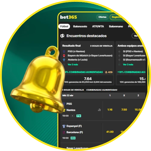 Recibe alertas sobre eventos y Bet365 bonos en tu aplicación móvil.