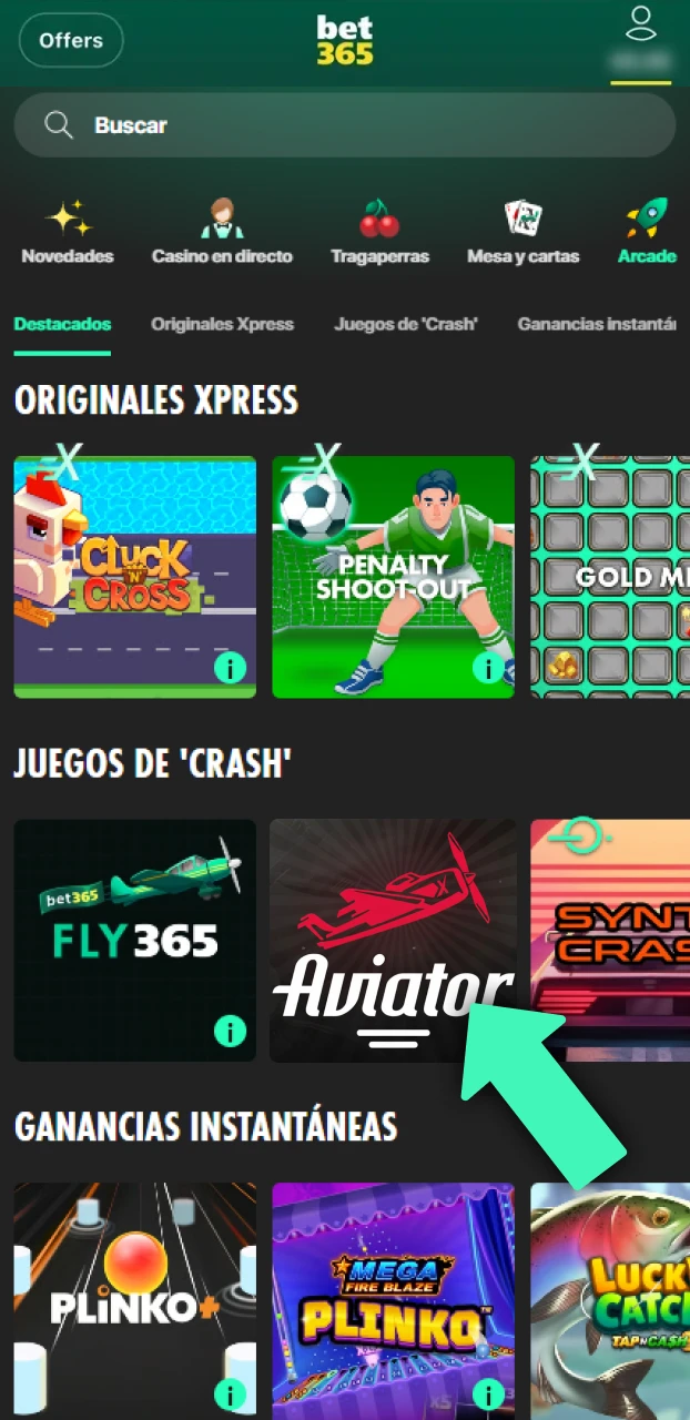 Encuentra el título Aviator explorando el catálogo del casino de Bet365.