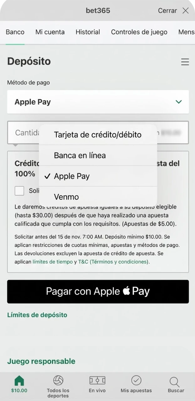 Realiza un depósito en Bet365 para apostar en baloncesto.