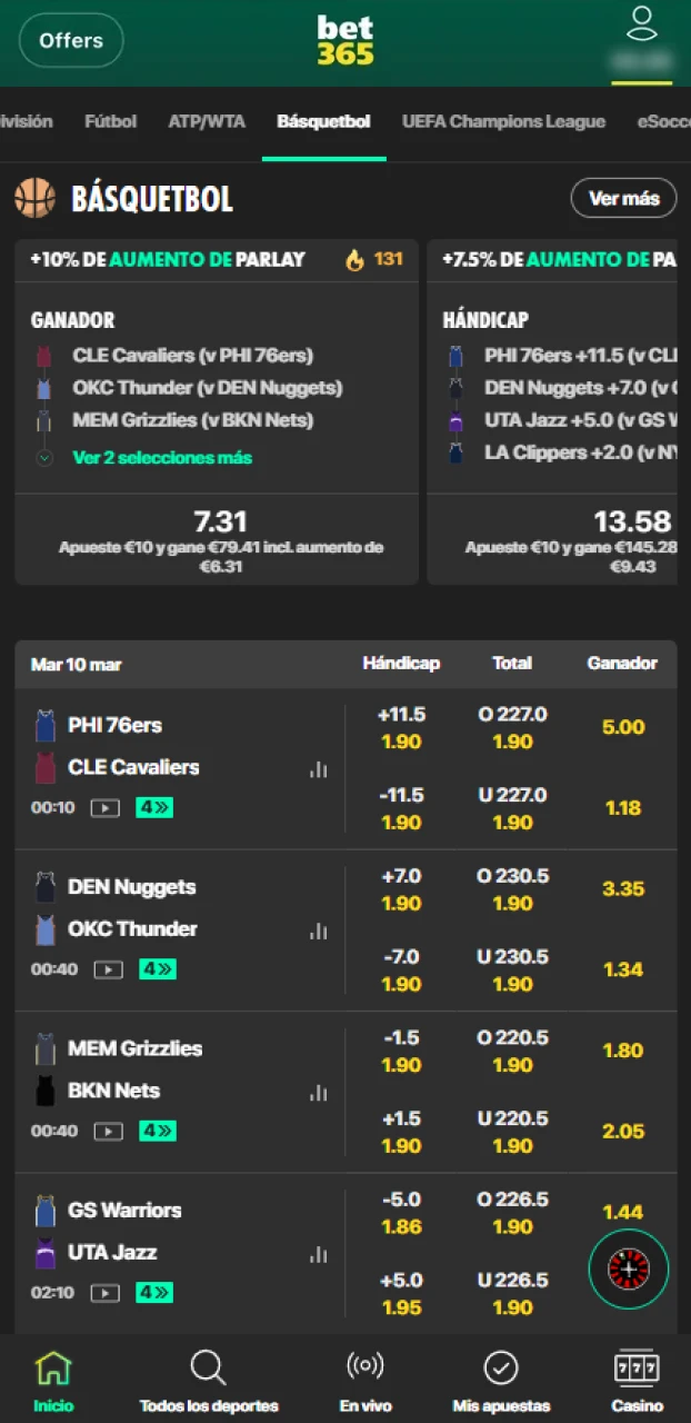 Analiza los mercados en apuestas de básquetbol en Bet365.