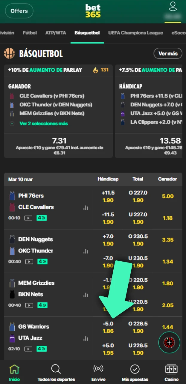 Ingresa el monto deseado para apuestas de básquetbol en Bet365.