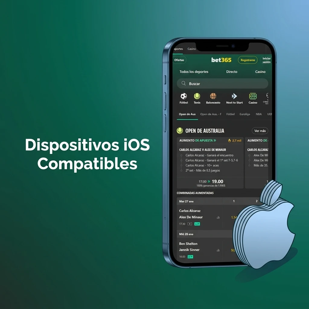 Lista de dispositivos Apple iOS compatibles con Bet365 móvil, incluyendo iPhone y iPad de diversas generaciones