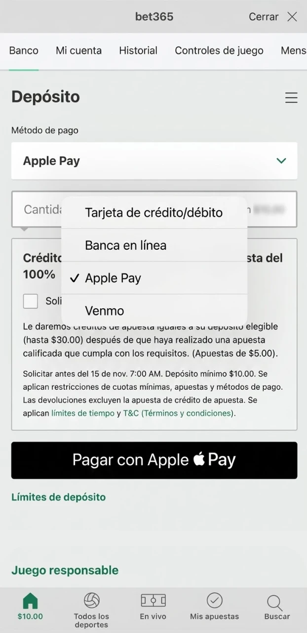 Realiza una recarga inicial para reclamar el bono de bienvenida en Bet365.