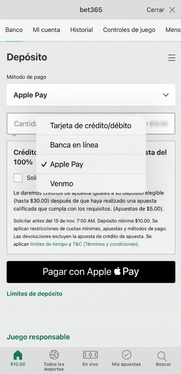 Realiza tu primer depósito y obtén fondos para jugar en el casino en vivo Bet365.