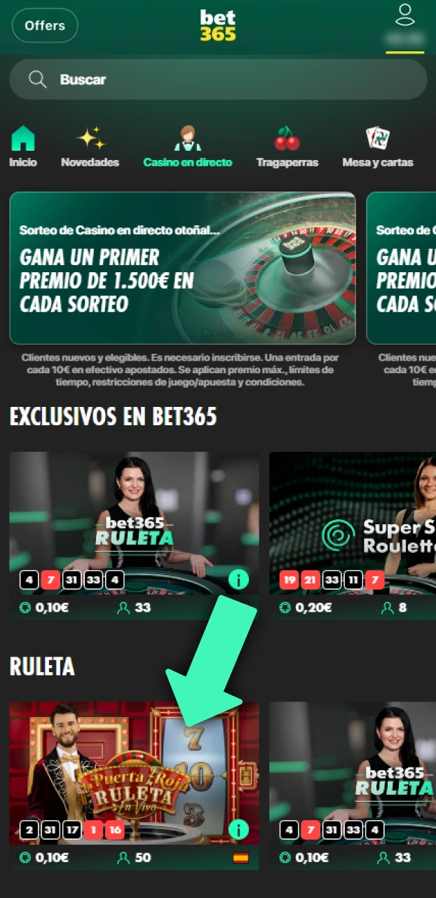 Elige una mesa y comienza a jugar en el casino en vivo Bet365.
