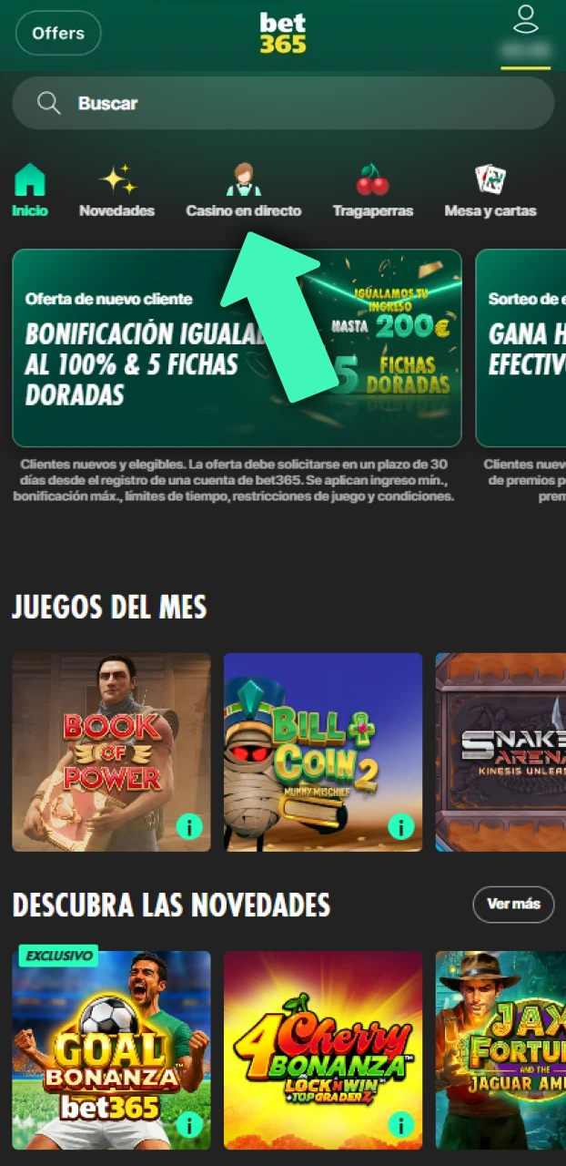 Entra en la sección de casino en vivo de Bet365 para elegir juegos.