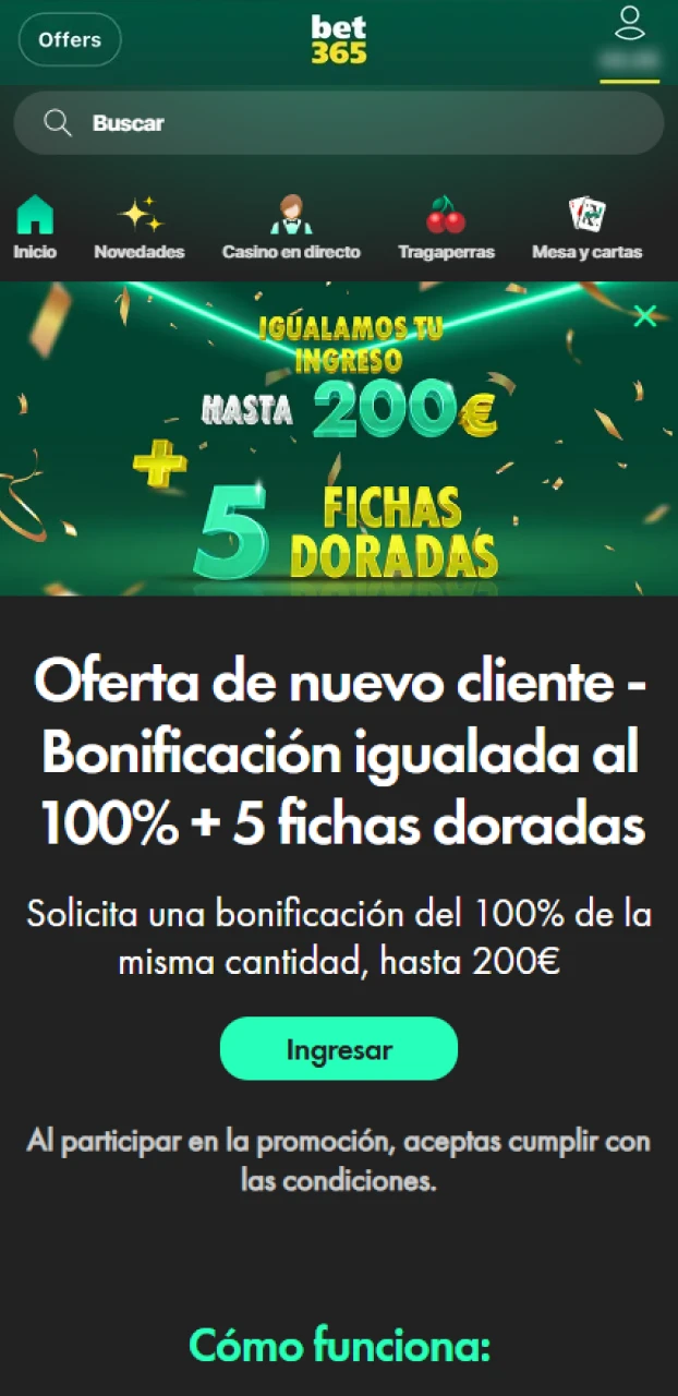 Solicita tu recompensa de bienvenida para jugar en el casino Bet365 oficial.