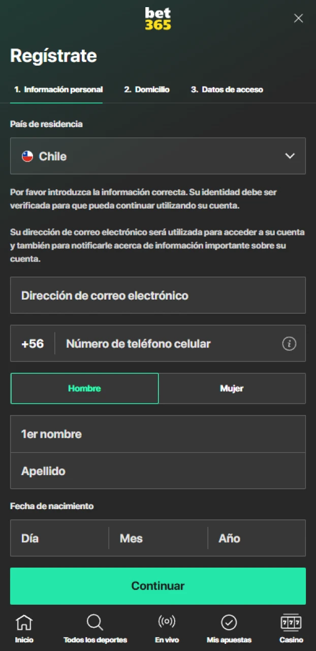 Completa el registro para jugar en el casino mediante el sitio oficial de Bet365.