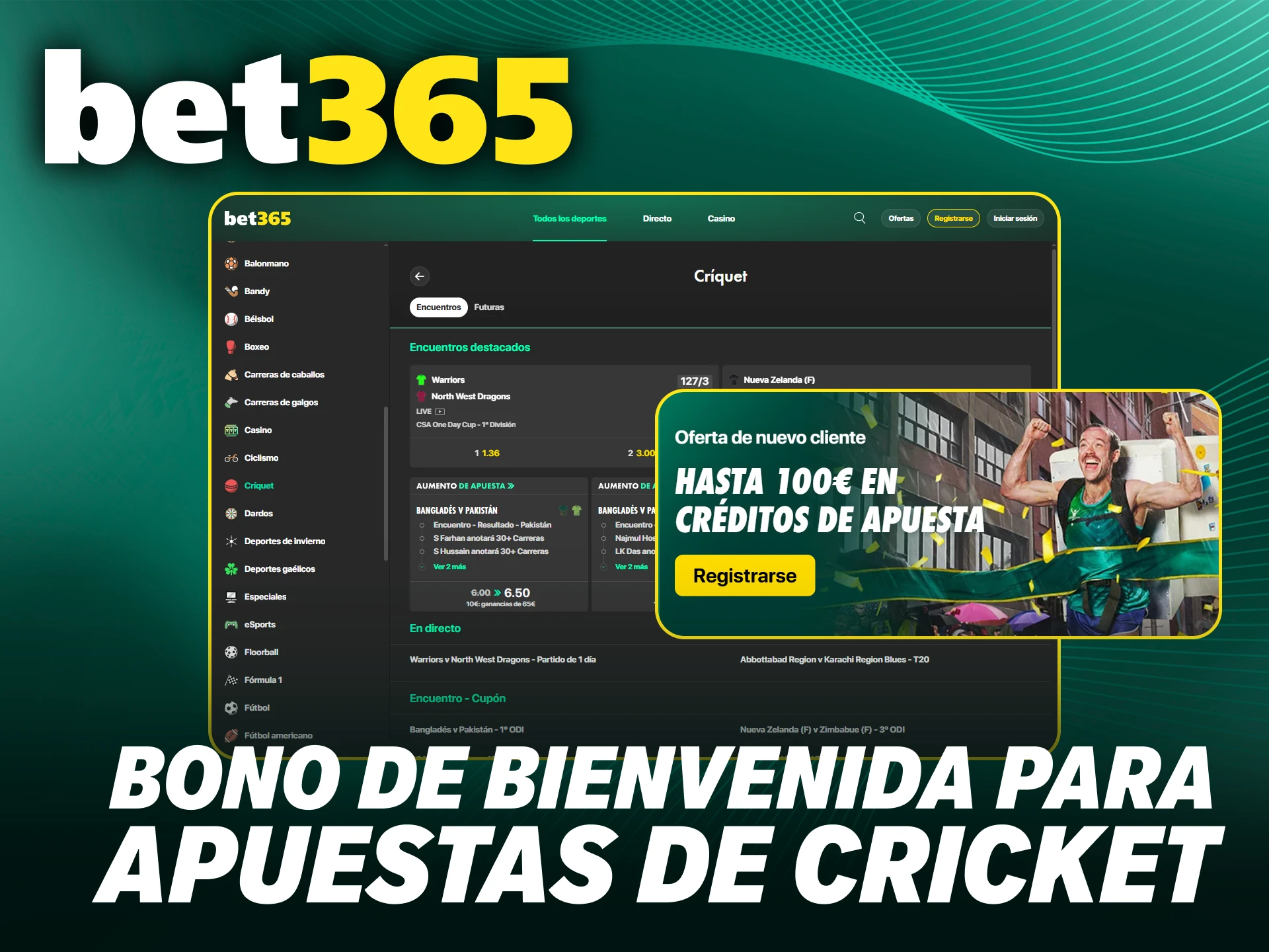 Activa un generoso bono de bienvenida para potenciar tus apuestas de cricket en Bet365.