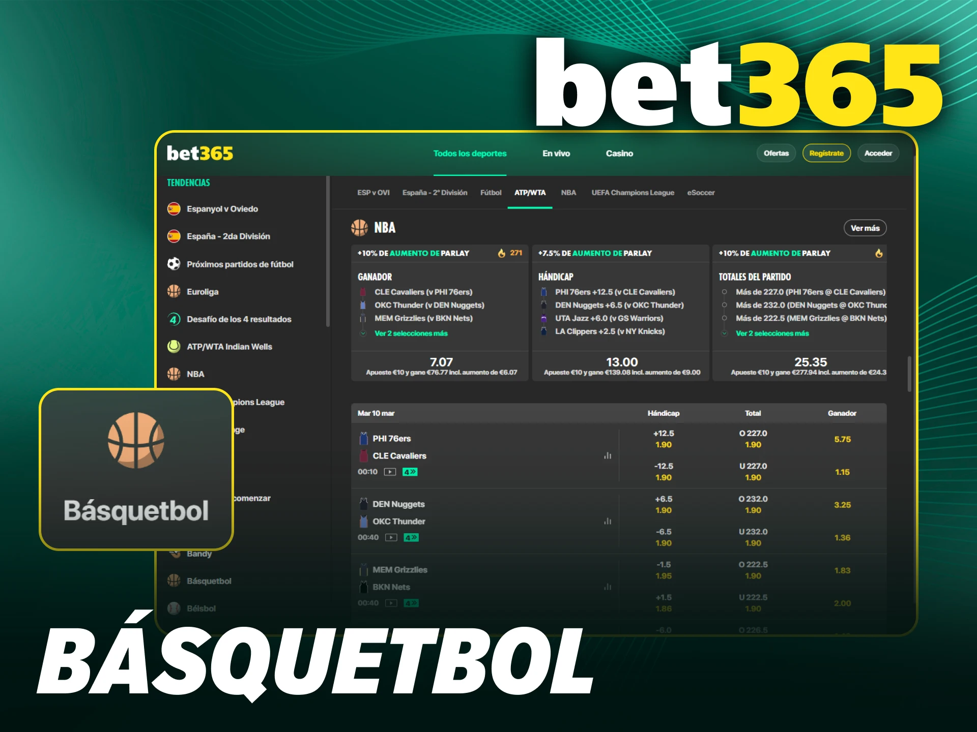 Apuesta en ligas de básquetbol profesional en Bet365.