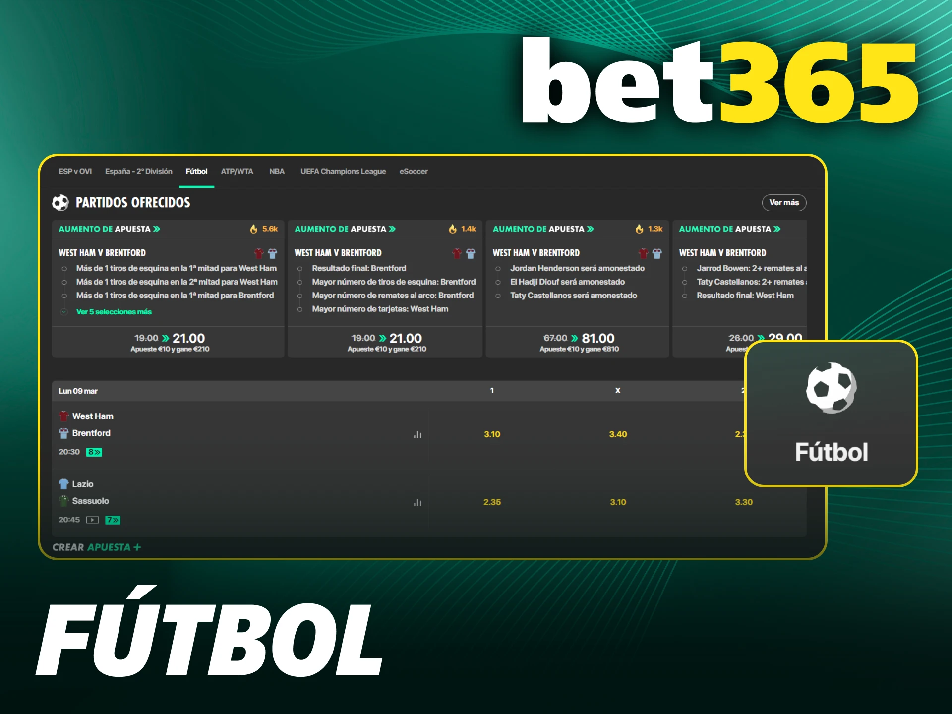 Realiza jugadas en partidos de fútbol en Bet365.