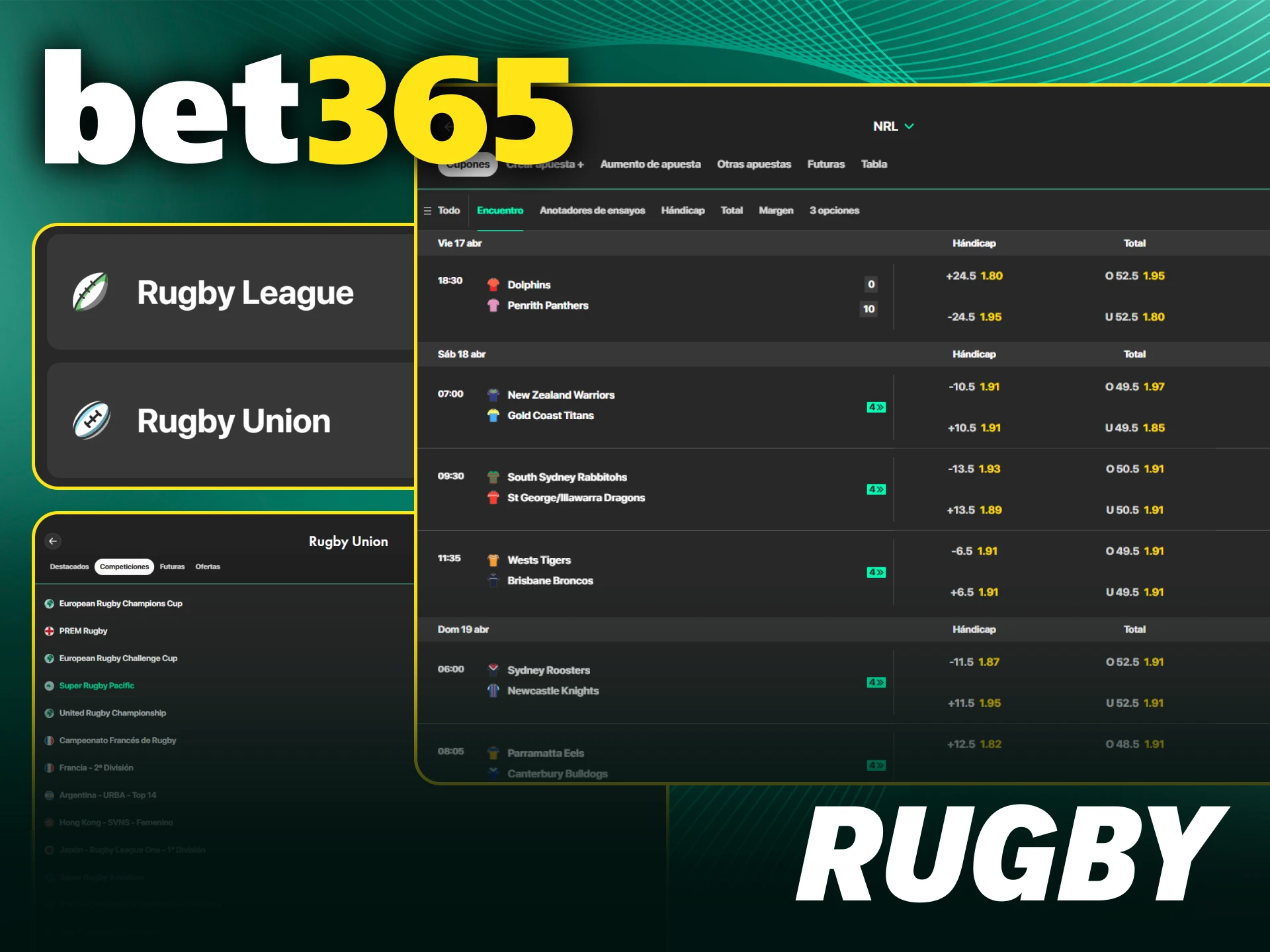 Apuesta en los mejores partidos de Rugby dentro de la sección de Bet365 deporte.