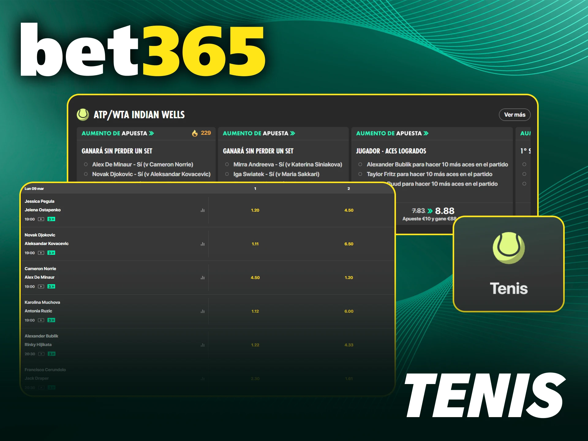 Pronostica los mejores torneos de tenis en Bet365.