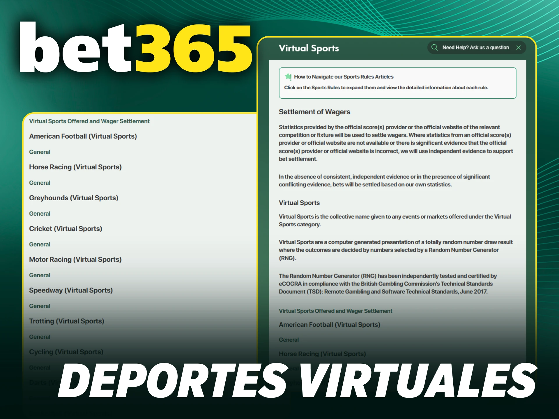 Prueba tu suerte apostando en deportes virtuales en Bet365.