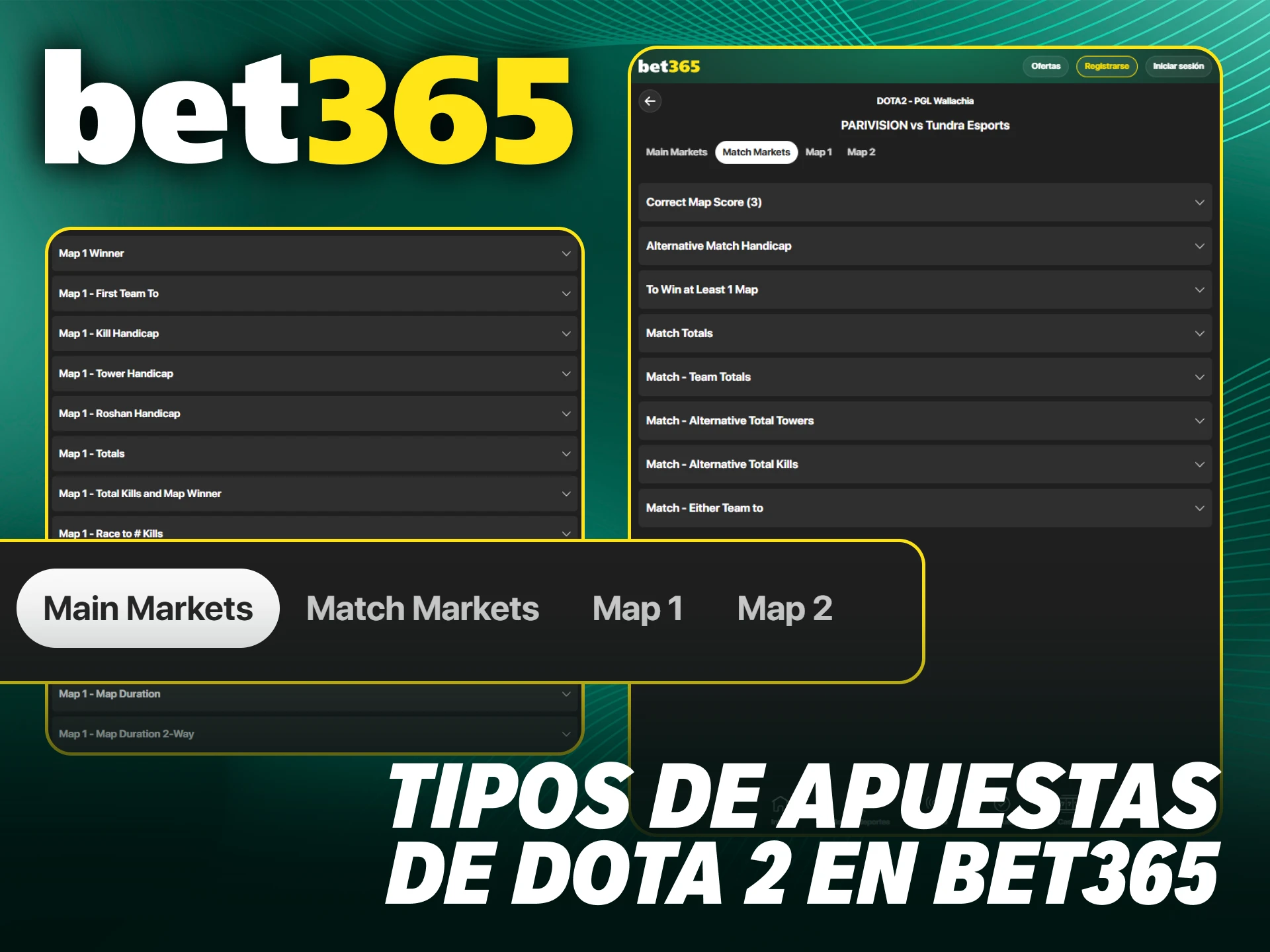 Explora diversos mercados y opciones para hacer apuestas de Dota 2 en Bet365.