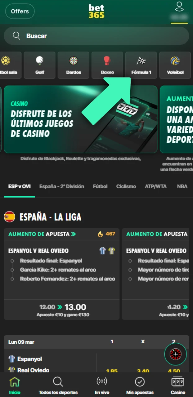 Busca la categoría de automovilismo para realizar apuestas de Fórmula 1 en Bet365 Chile.