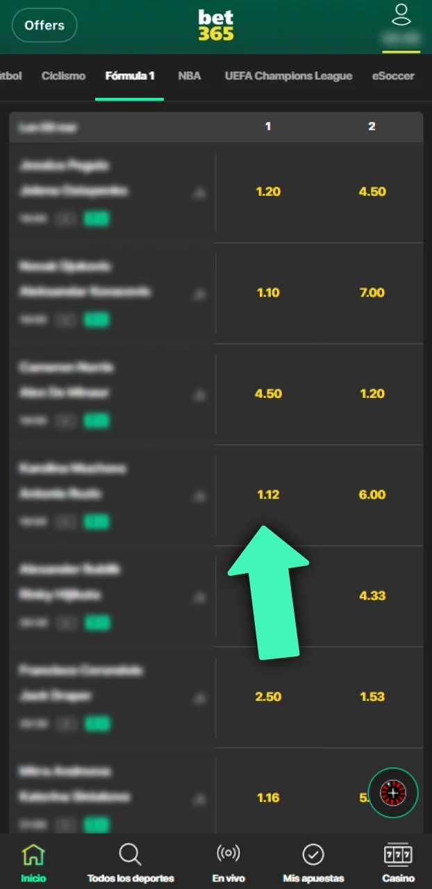 Selecciona el mercado en apuestas de Fórmula 1 en Bet365.