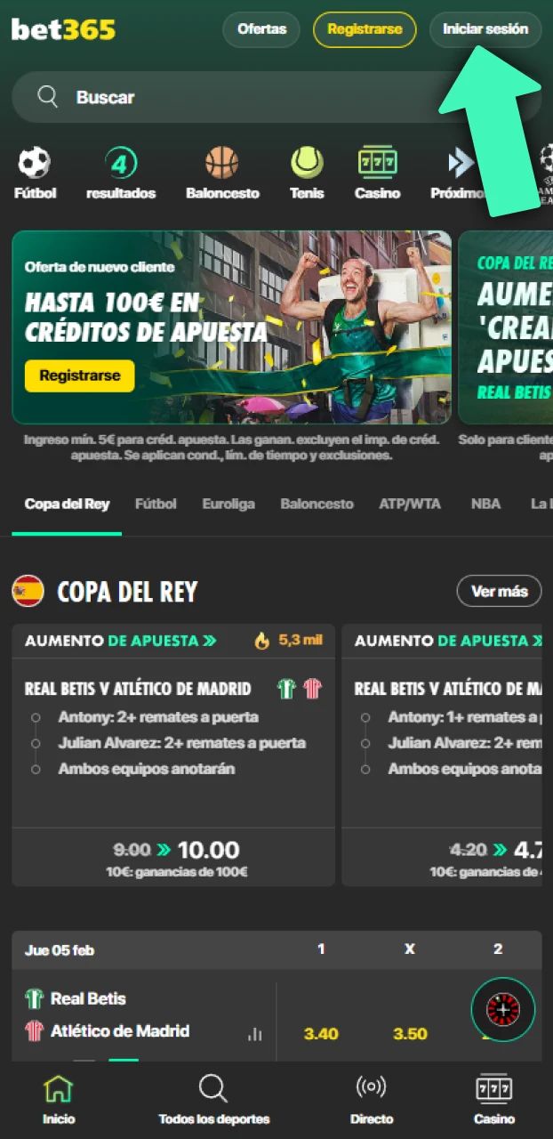 Inicia sesión en tu cuenta de Bet365 para realizar una apuesta en un partido de fútbol.