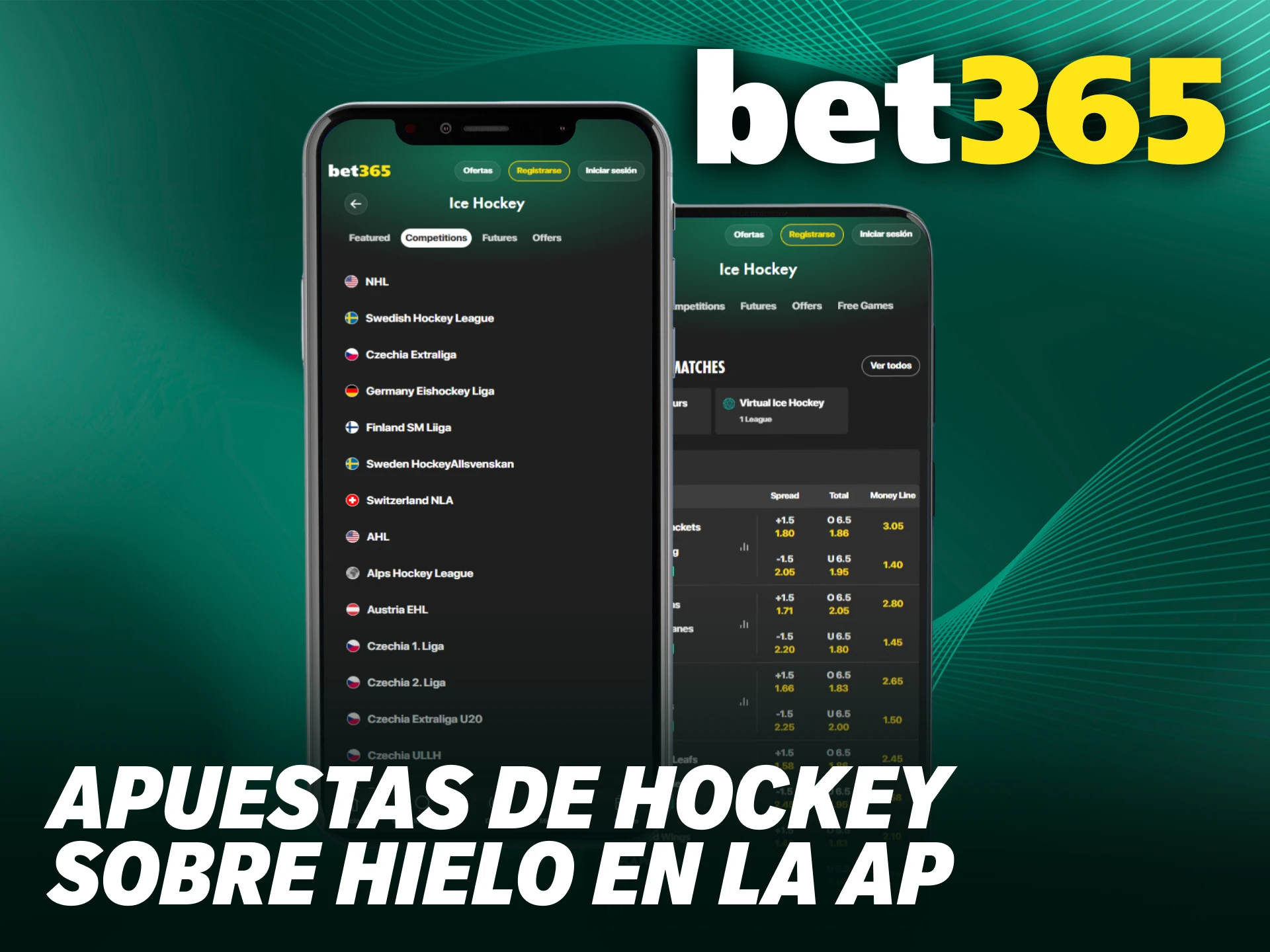 Disfruta la rapidez de la app de Bet365 para tus apuestas de hockey sobre hielo.
