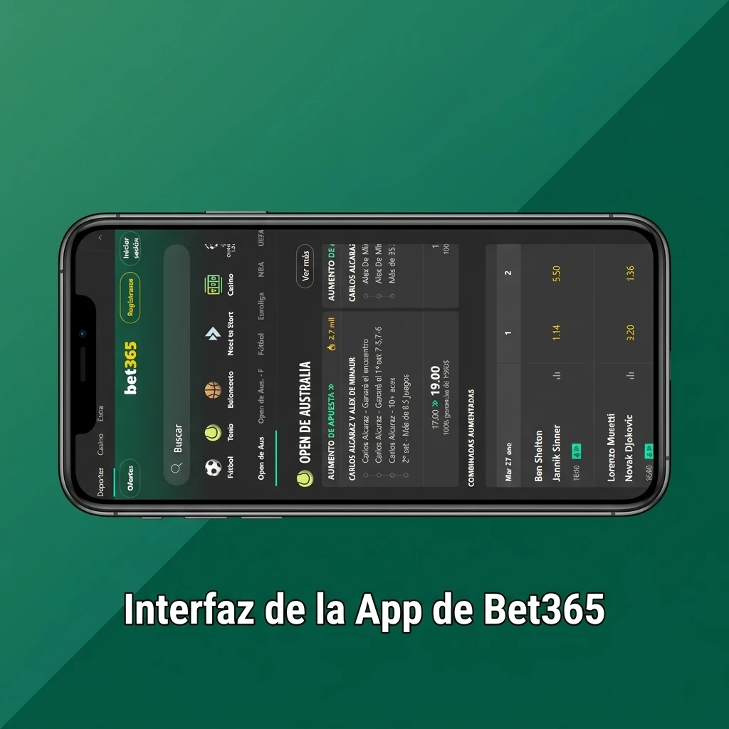 Interfaz móvil de Bet365 con diseño limpio, menús organizados por deportes, casino, en vivo y cuenta personal