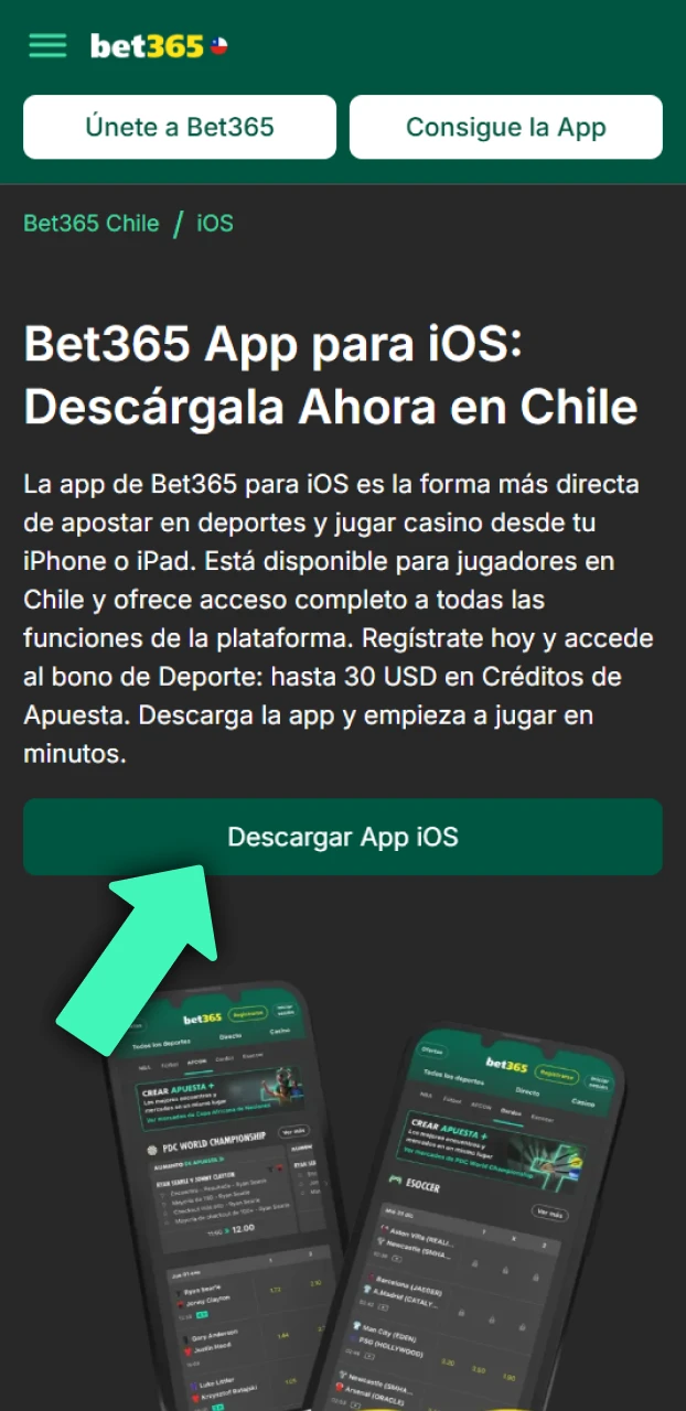 Presiona el botón indicado para comenzar con la obtención de la aplicación Bet365 iOS.