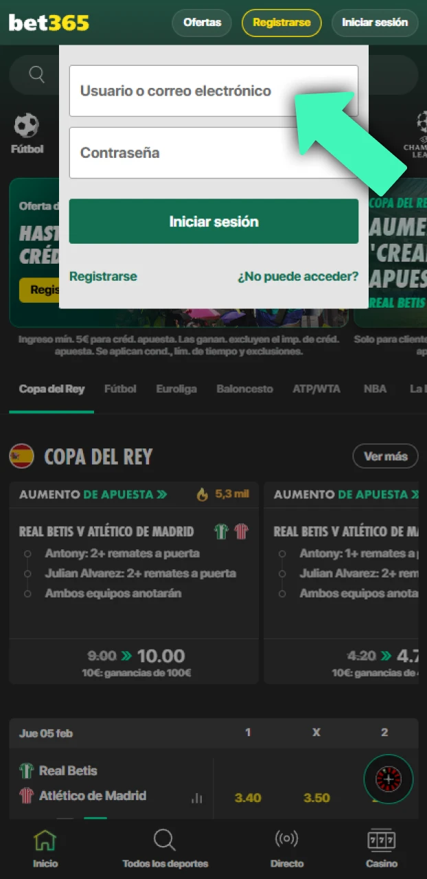 Proporciona tus datos de usuario para efectuar el login en Bet365.