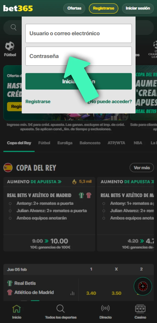 Ingresa tu contraseña personal para validar el login en Bet365 con éxito.