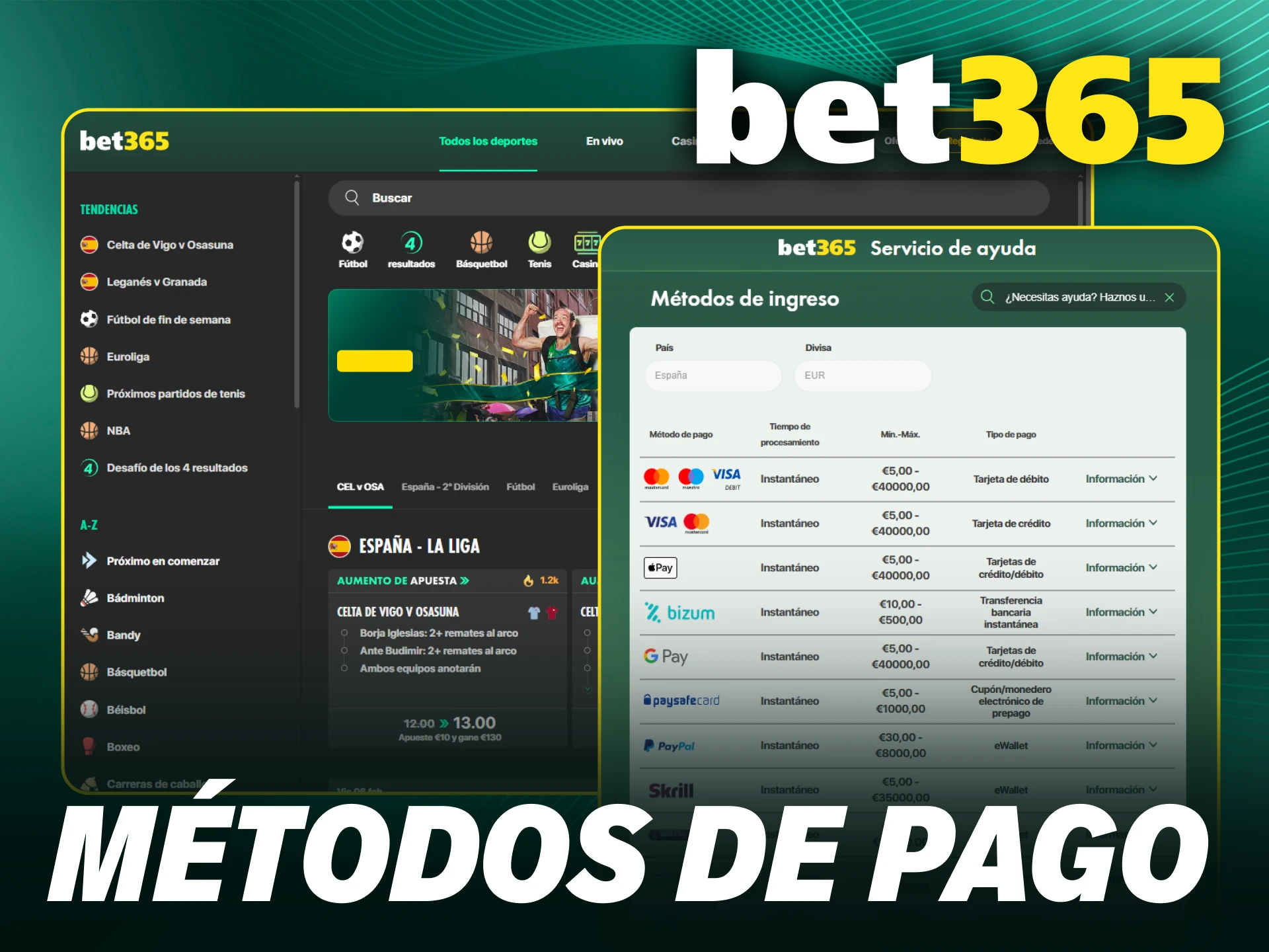 Selecciona el método preferido en Bet365 Chile.