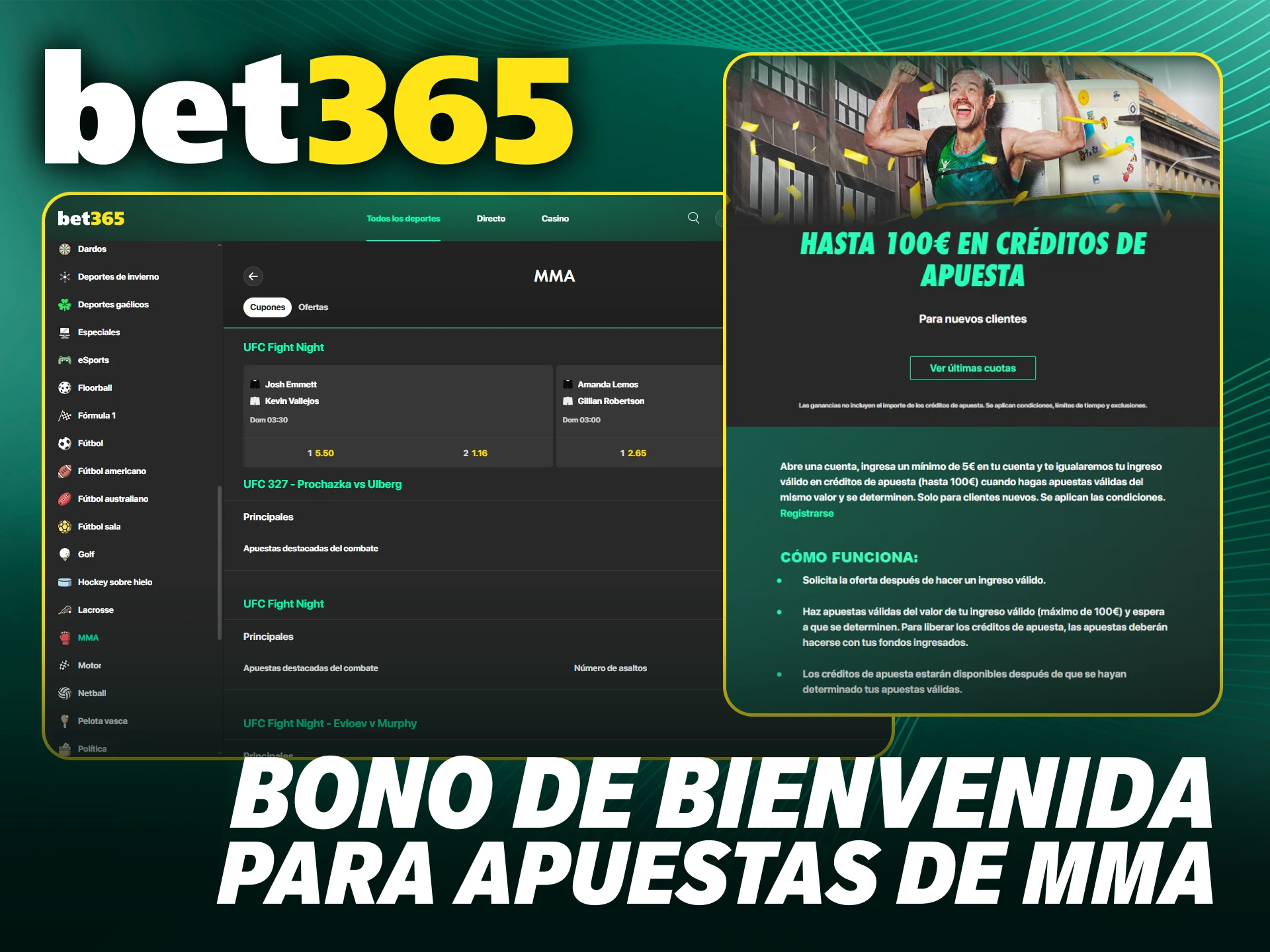 Consigue un bono de bienvenida para tus apuestas de MMA en Bet365.