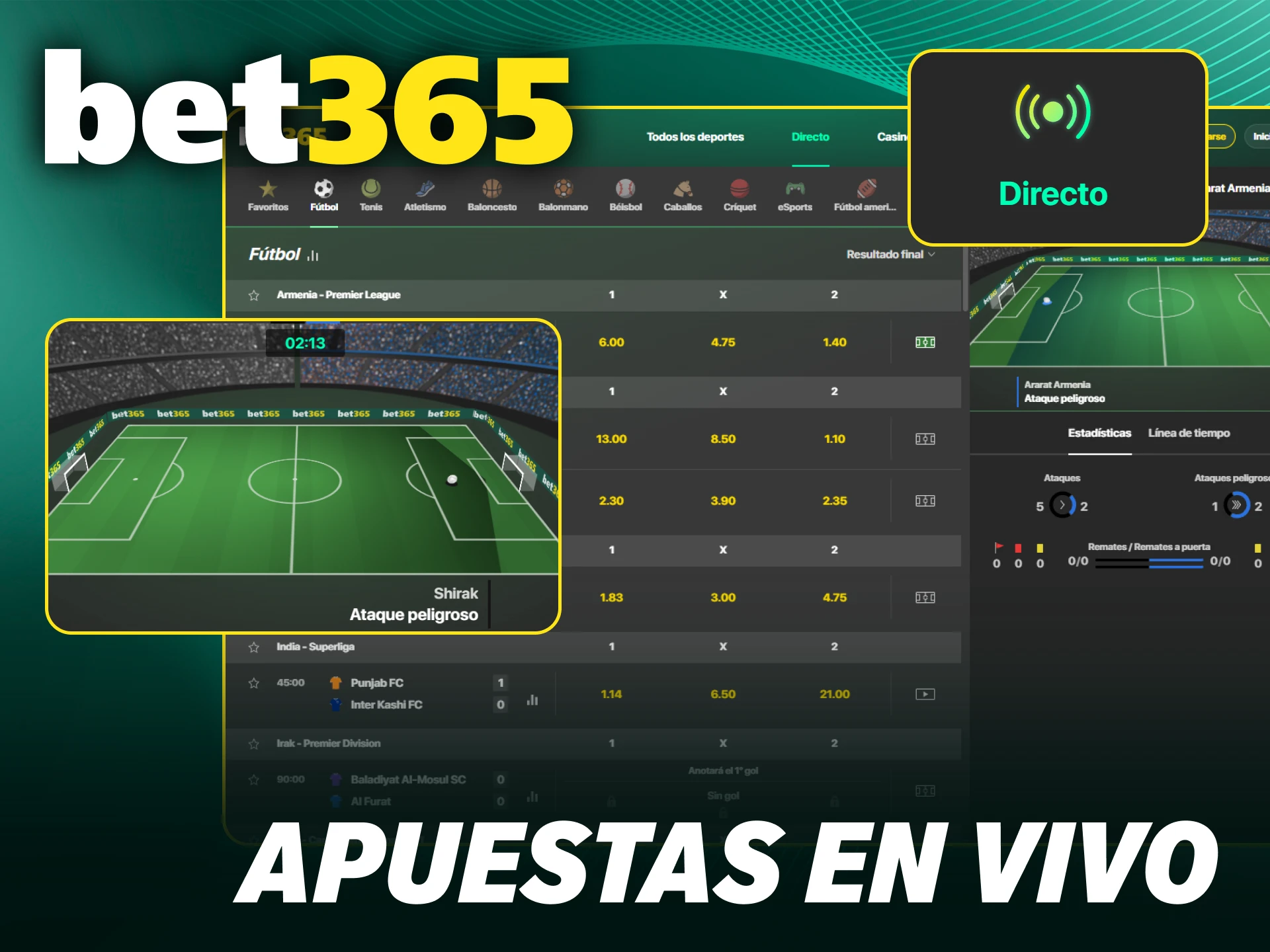 Apuesta en tiempo real mediante la plataforma de apuestas en vivo en Bet365.
