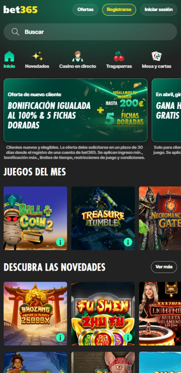 Diviértete con la gran variedad de títulos en la sección de Bet365 casino.