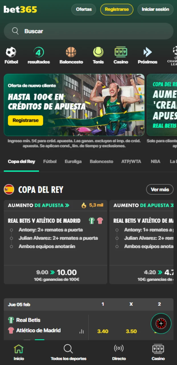 Observa la interfaz principal de la plataforma oficial de Bet365 en Chile.