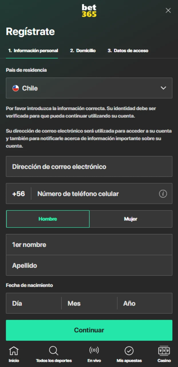 Completa los campos necesarios en el formulario de registro oficial de Bet365.