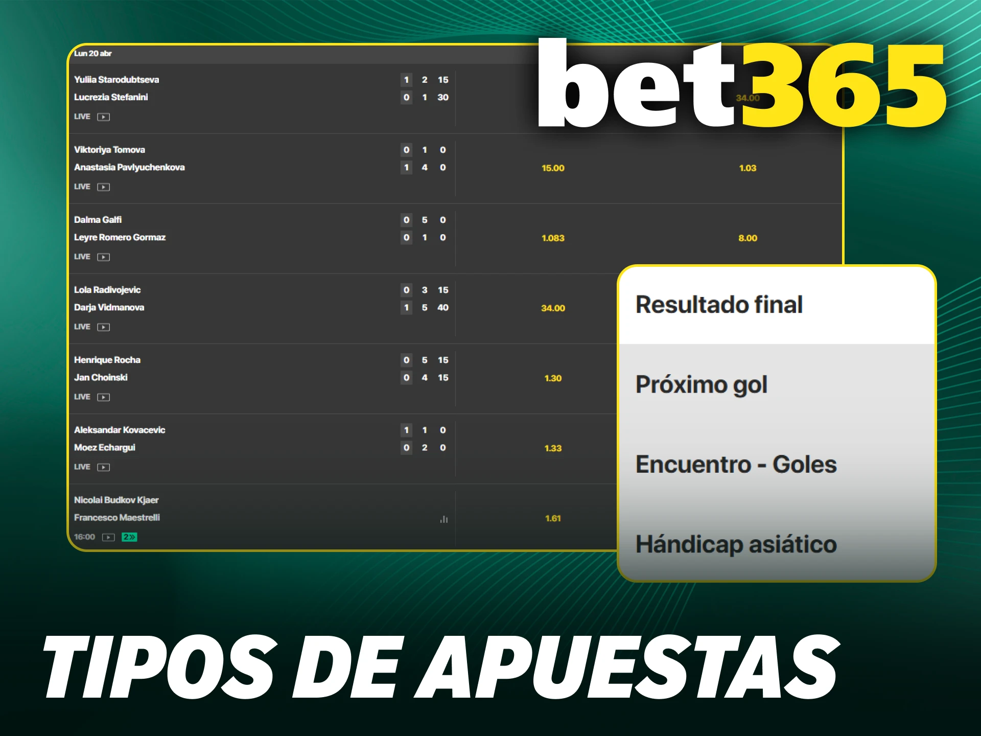 Conoce todos los tipos de apuestas disponibles en Bet365 para tus deportes.