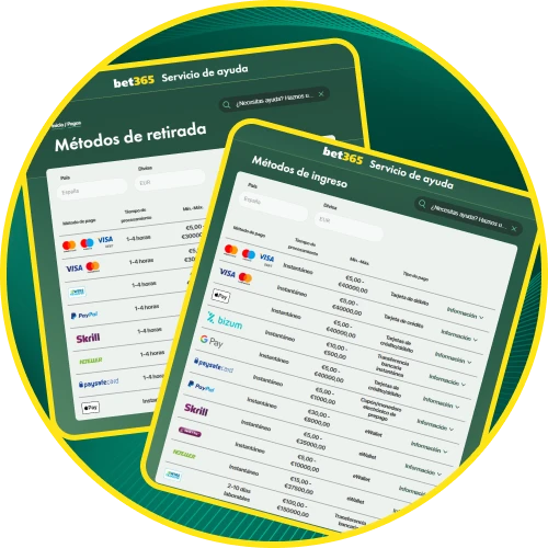Utiliza los métodos de pago locales disponibles para tu cuenta de Bet365.