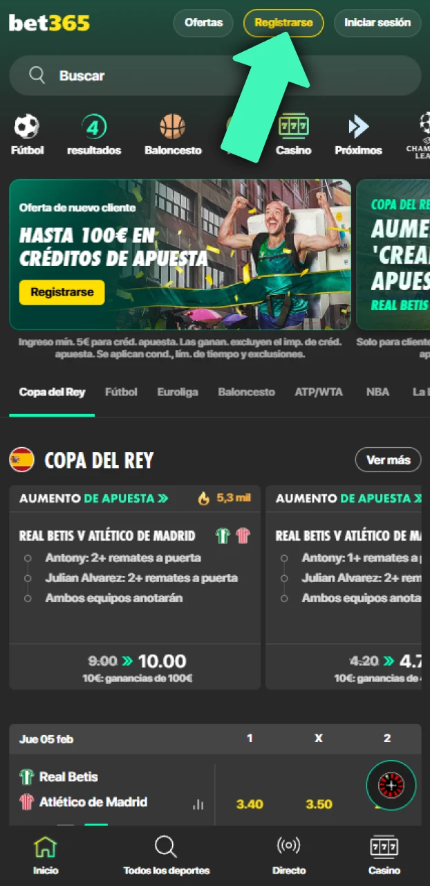 Abre el formulario de registro en la página web oficial de Bet365.