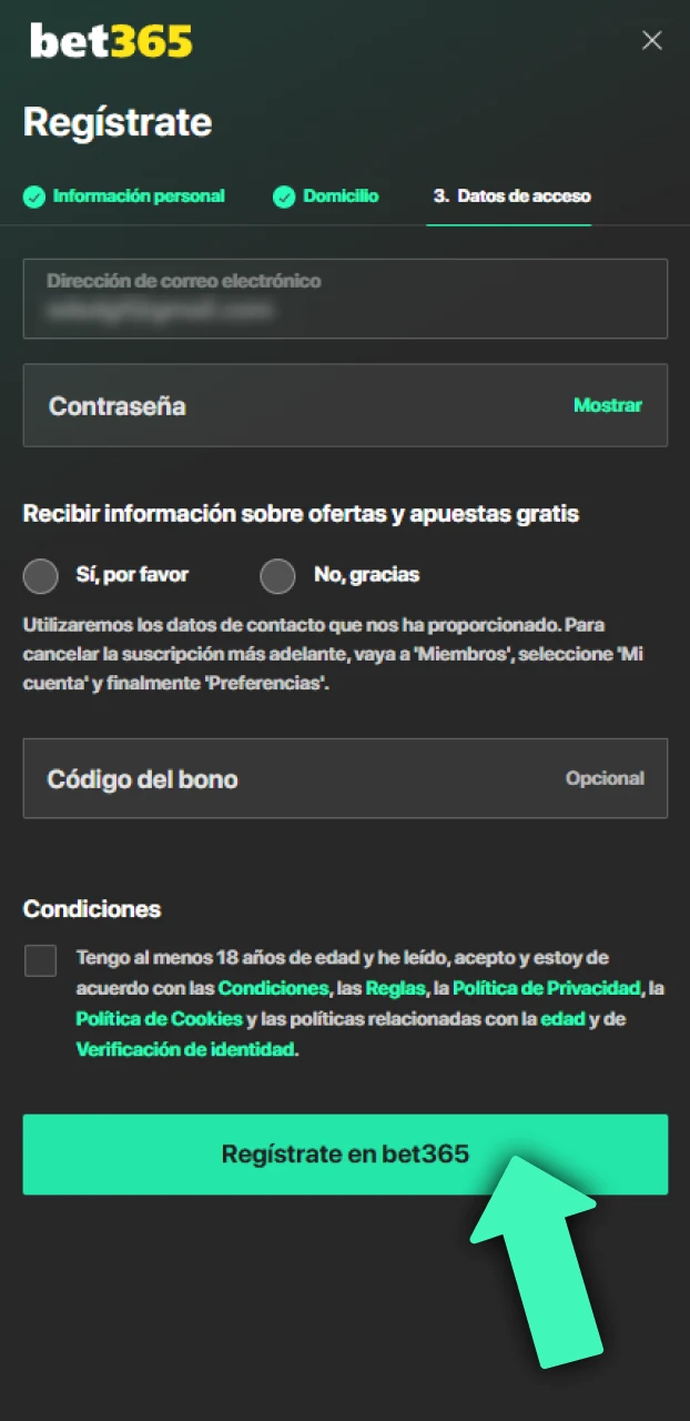 Confirma los datos para terminar el Bet365 registro.