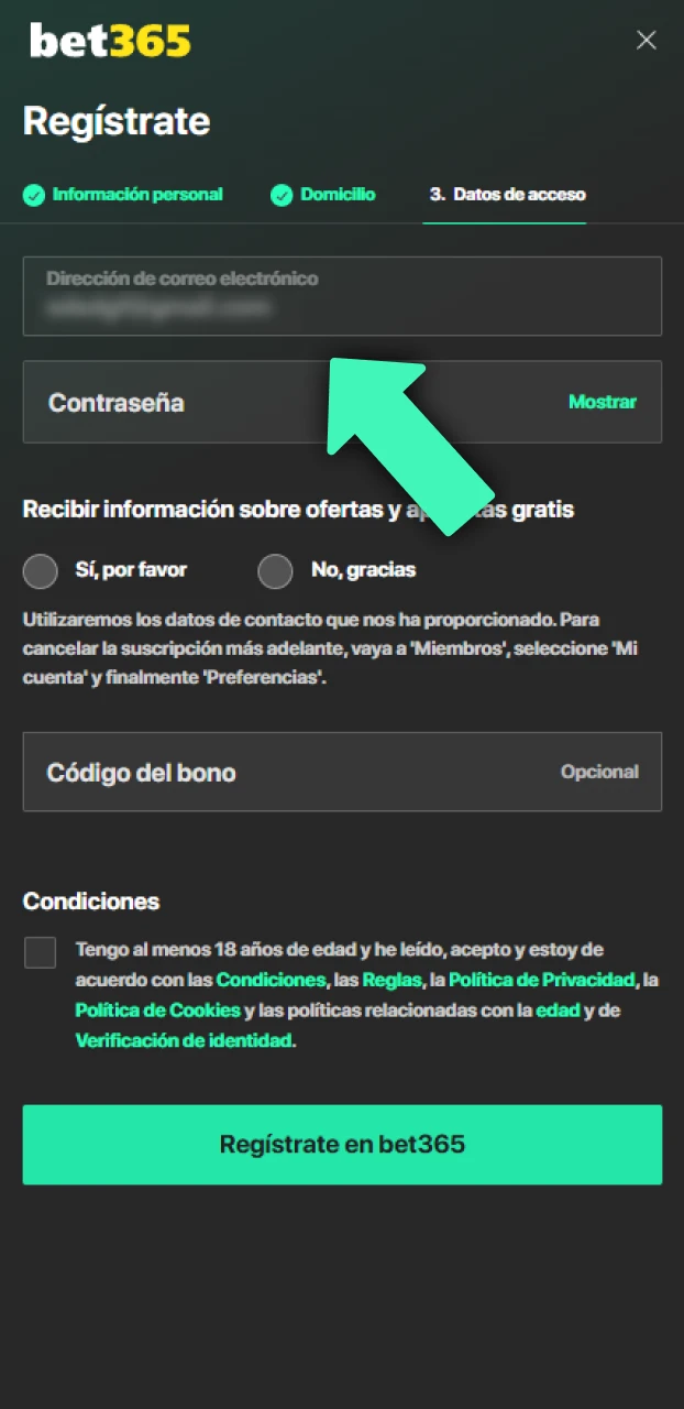 Crea tu usuario y clave para el Bet365 registro.