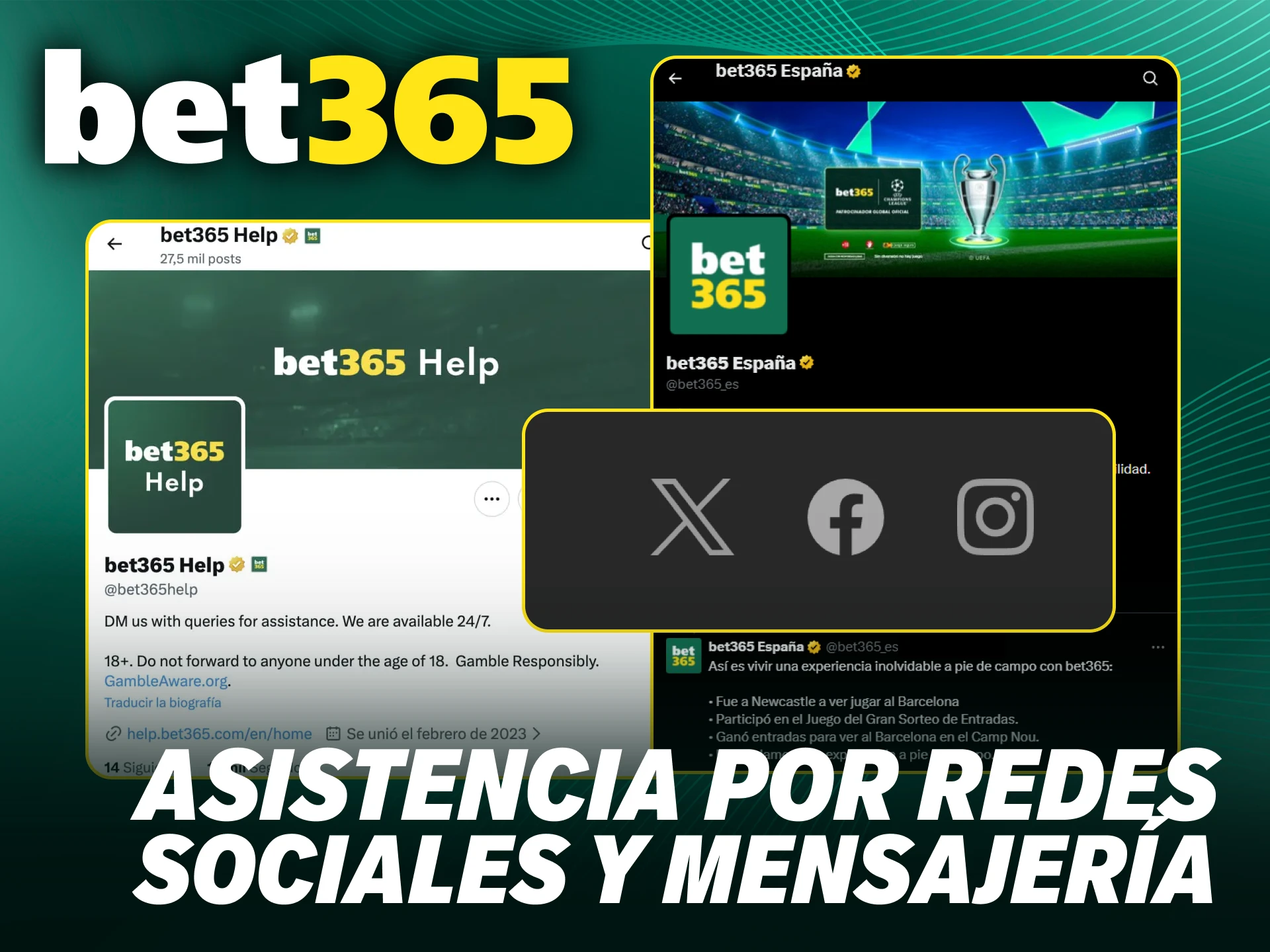 Contacta a Bet365 por redes sociales para recibir consejos.