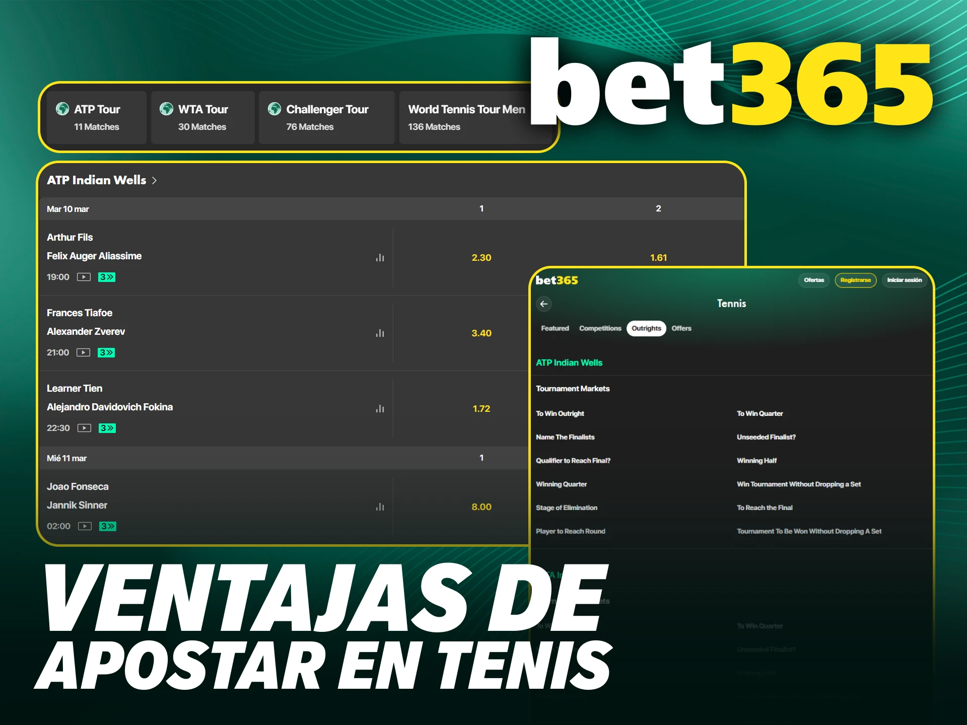 Aprovecha las mejores cuotas del mercado en apuestas de tenis en Bet365 oficial.