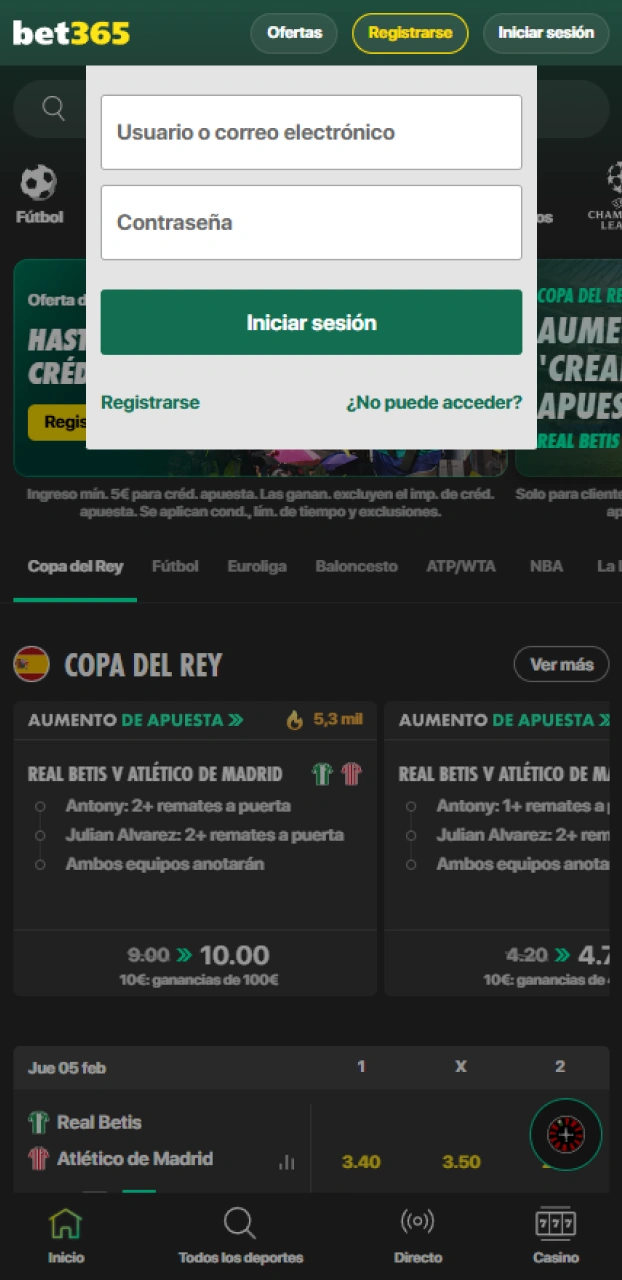 Inicia sesión en tu cuenta para jugar tragamonedas en Bet365.
