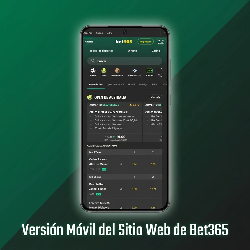 Versión móvil del sitio web de Bet365 accesible desde smartphone y tablet sin instalar aplicaciones